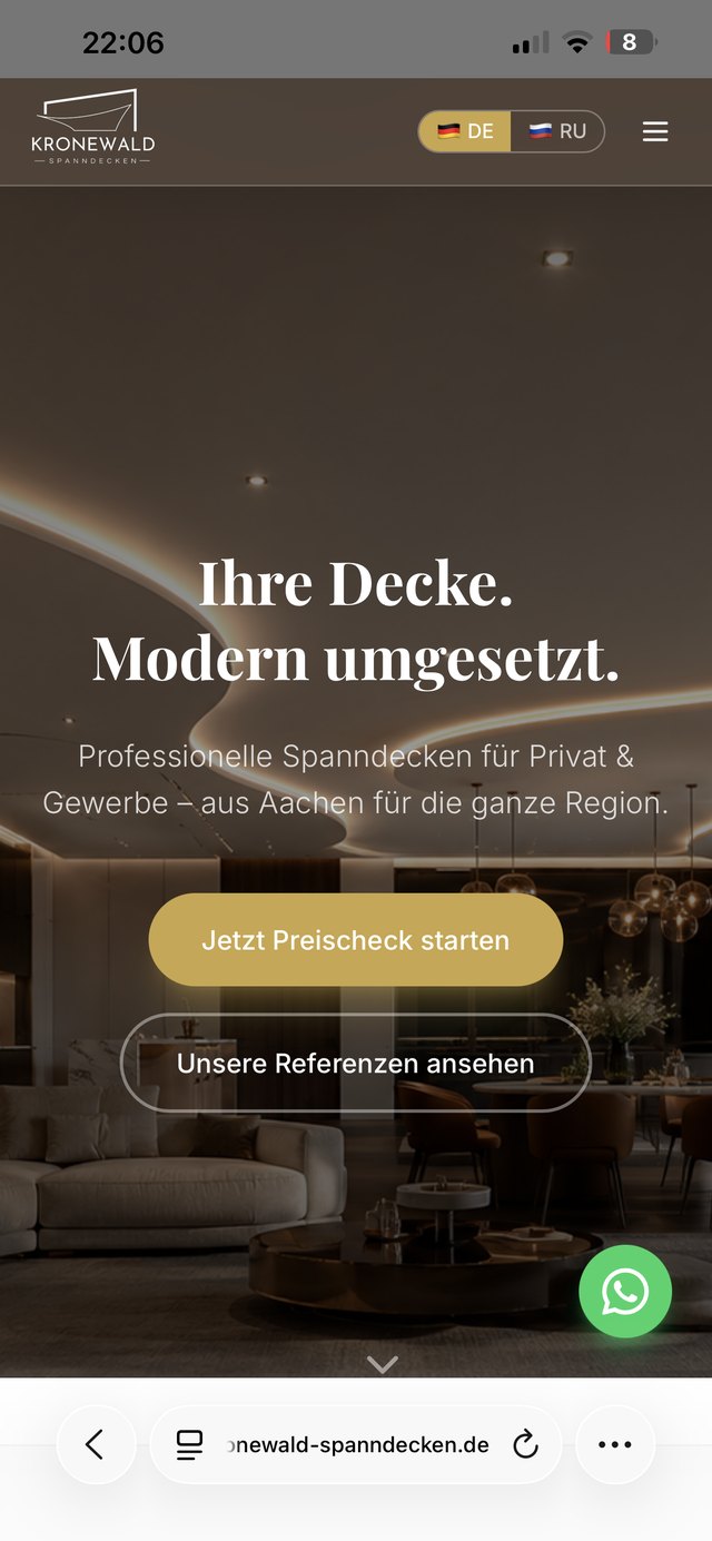 Website Kronewald Spanndecken in der Mobil-Ansicht
